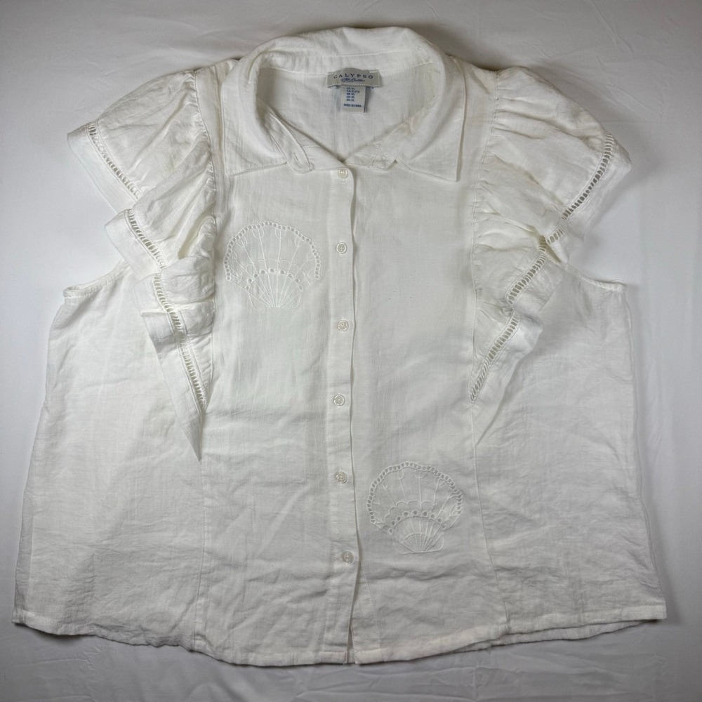 Calypso St. Barth XL Linen Embroidered Ruffle Sleeve Button Front Top Blouse